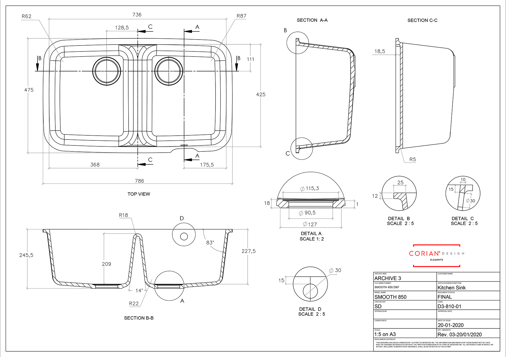 Corian Smooth 850 Integrated Sink