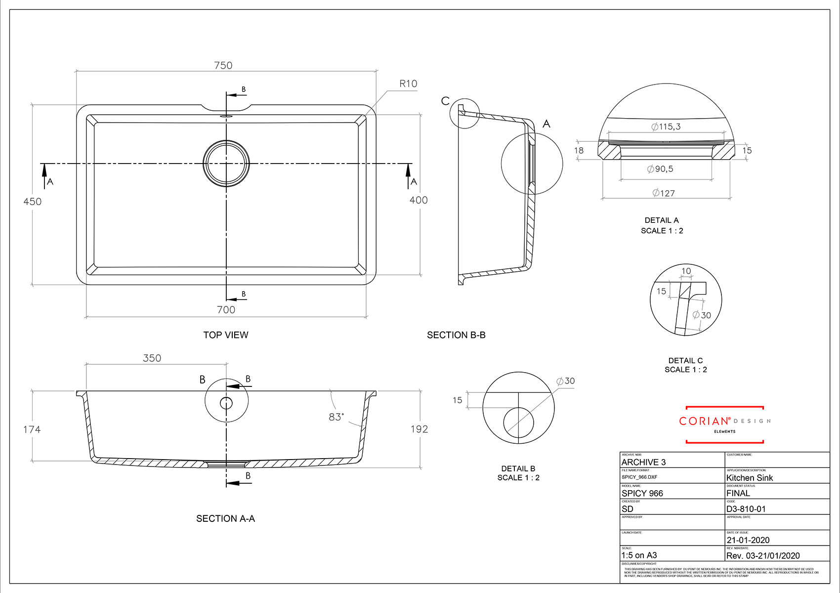Corian Spicy 966 Integrated Sink