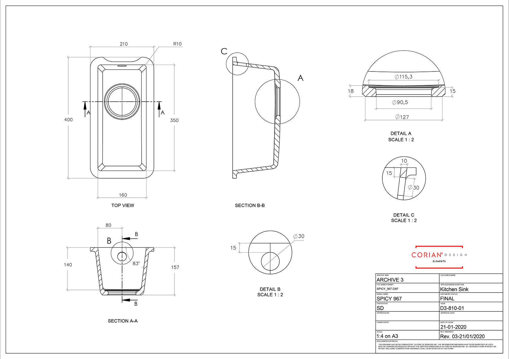 Corian Spicy 967 Integrated Sink