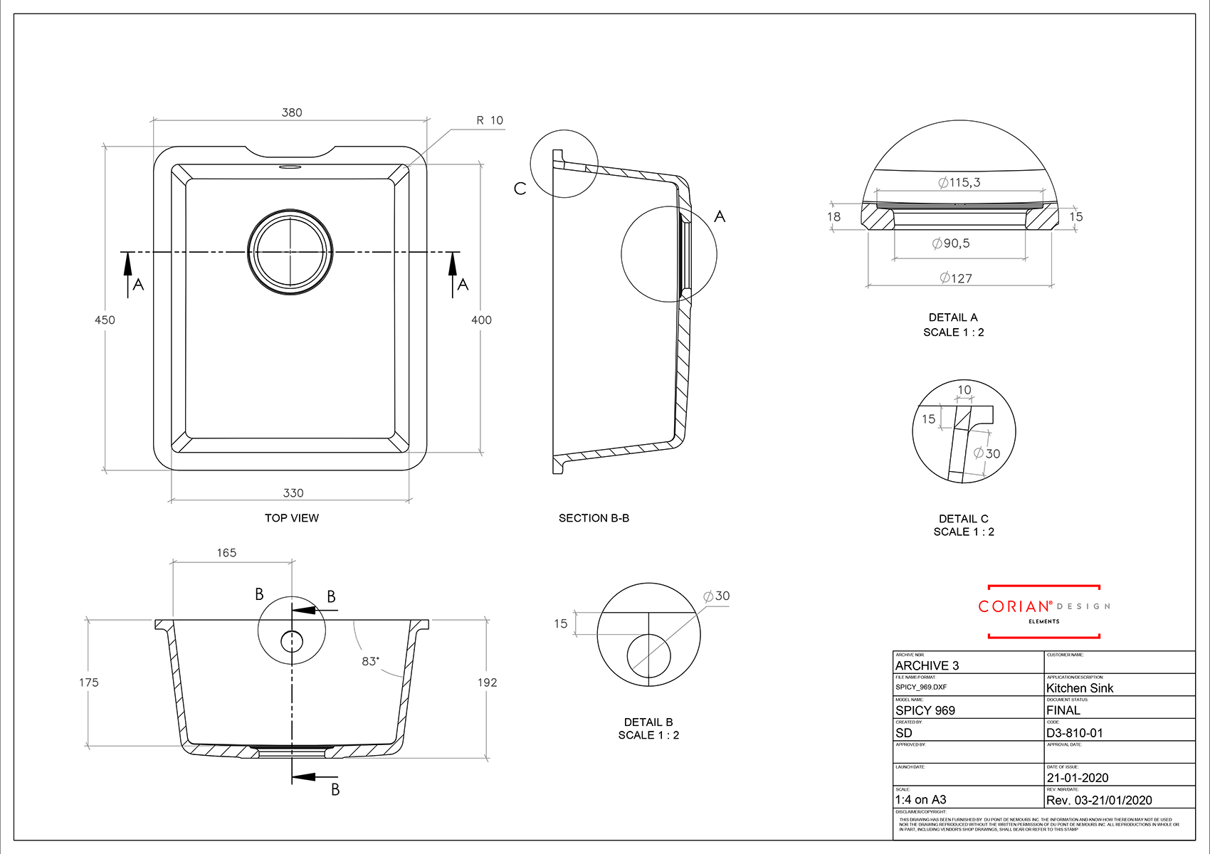 Corian Spicy 969 Integrated Sink