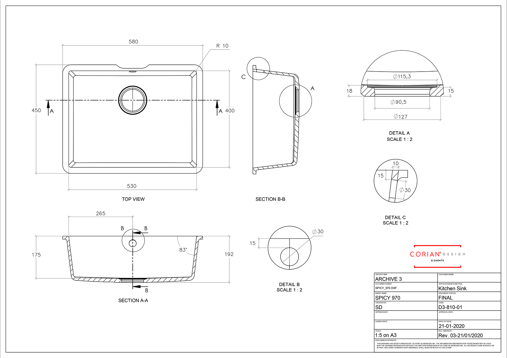 Corian Spicy 970 Integrated Sink