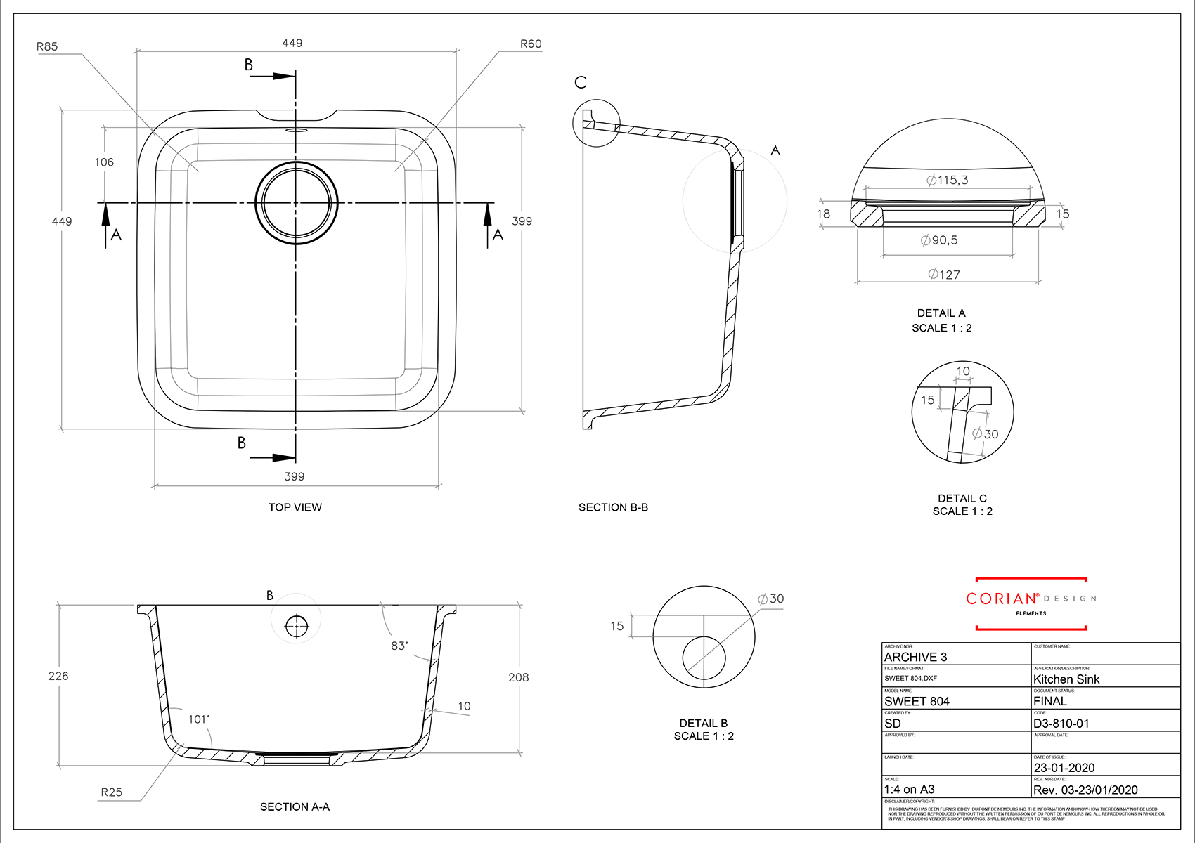 Corian Sweet 804 Integrated Sink