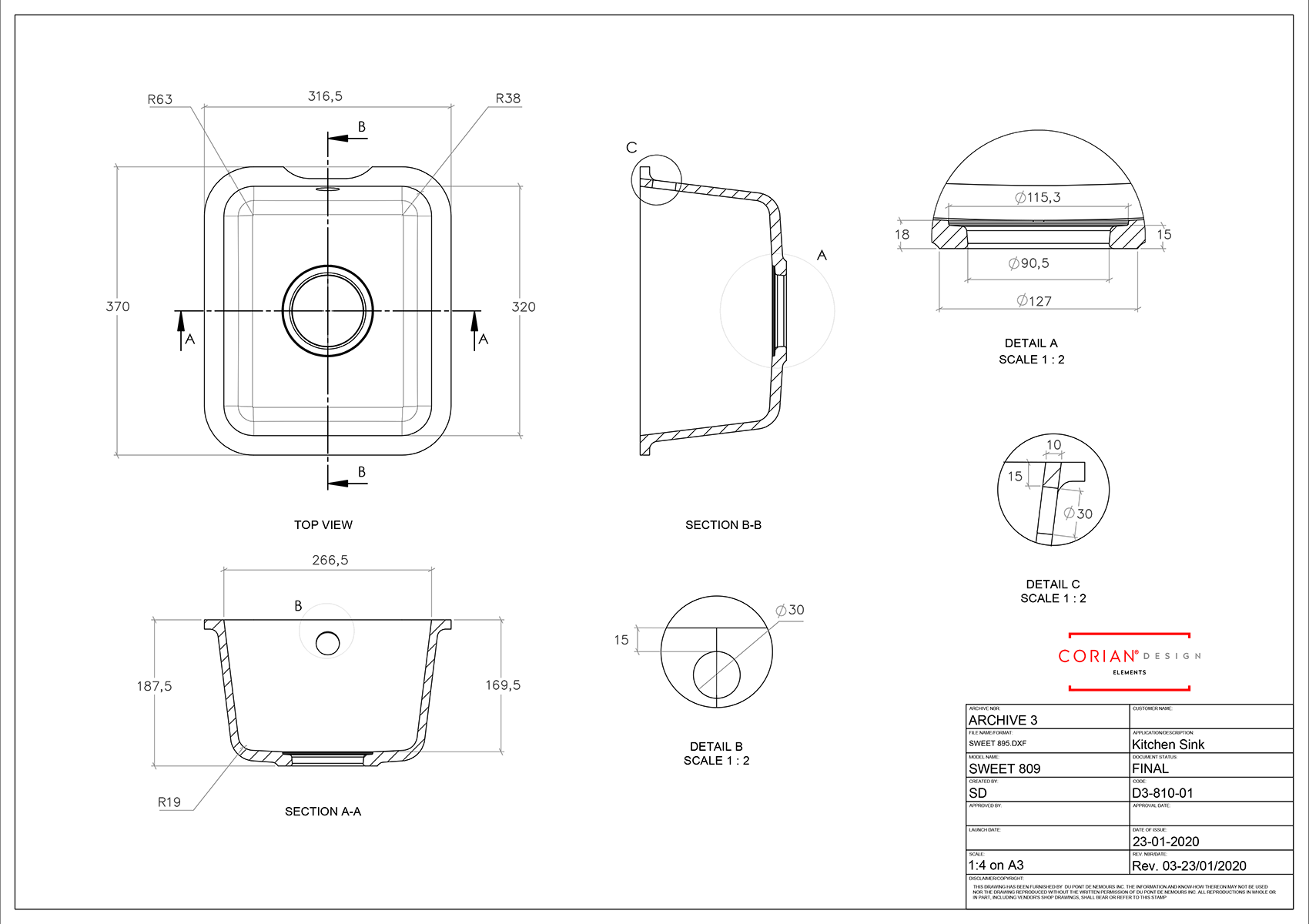 Corian Sweet 809 Integrated Sink
