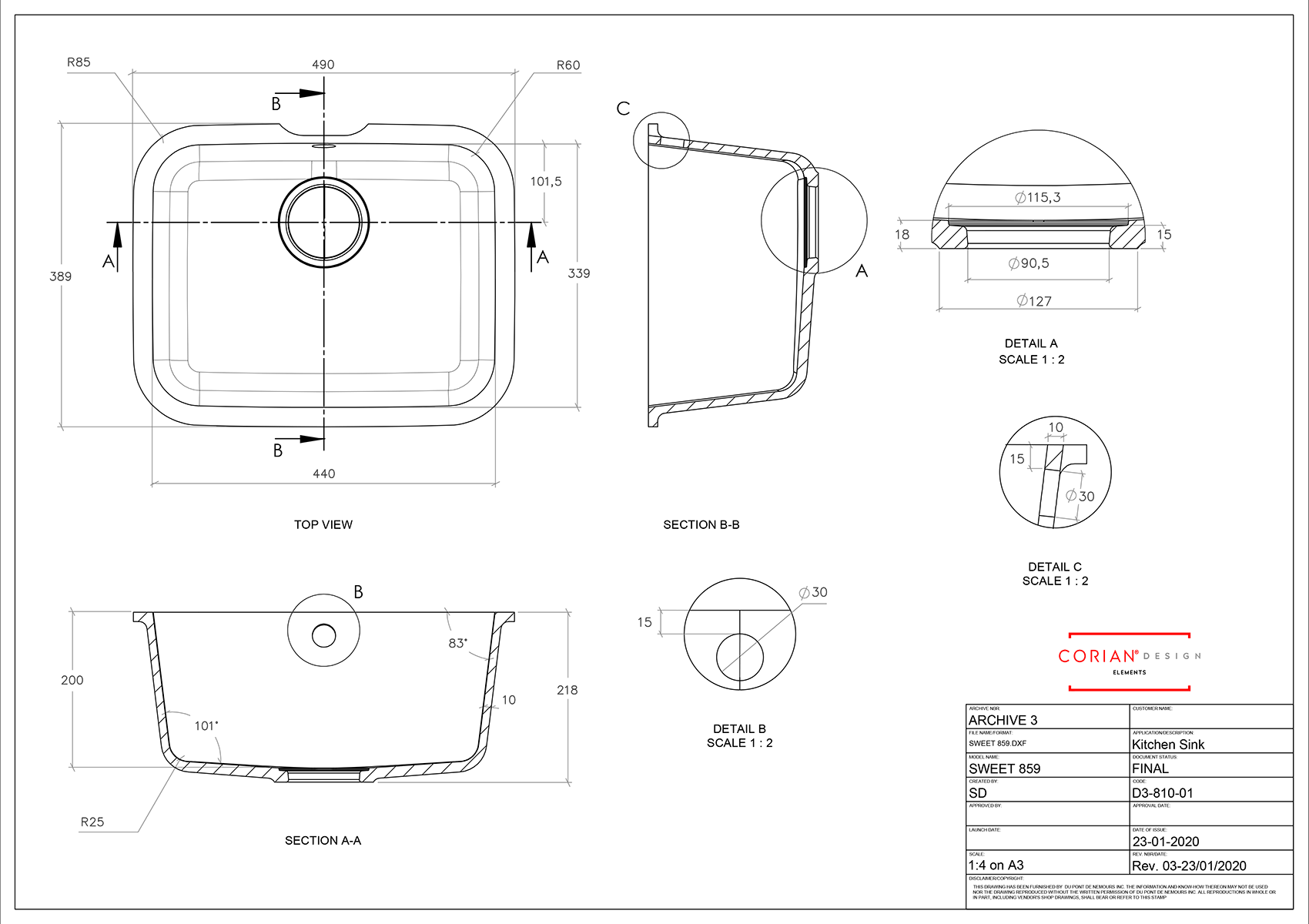 Corian Sweet 859 Integrated Sink