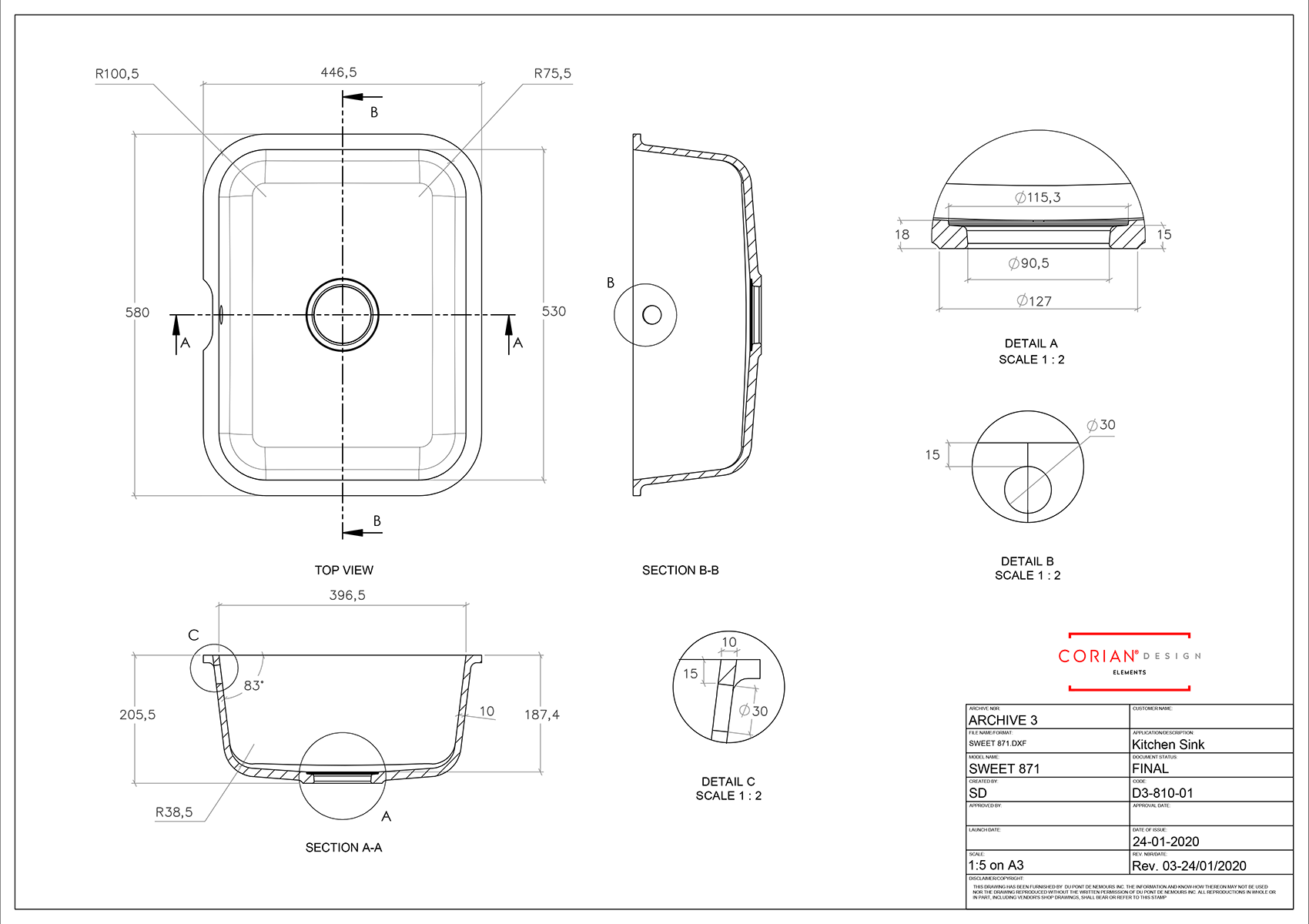 Corian Sweet 871 Integrated Sink