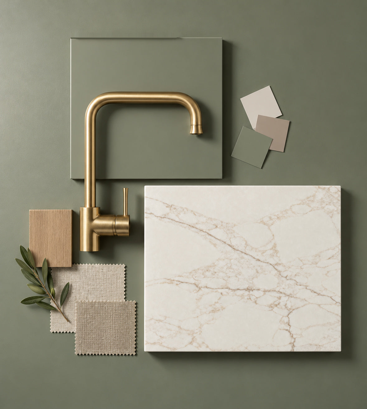 Reference mood board with a sage cabinet sample, brass tap, veined worktop, fabric and oak samples.